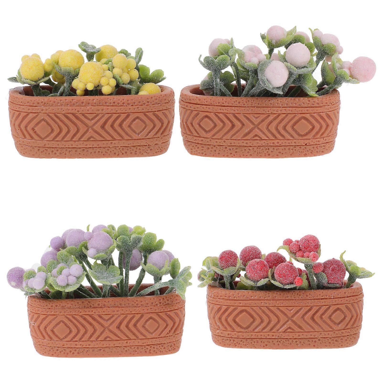 Artificial Bonsai Miniature Potted Flower Model Doll House 4Pcs Red