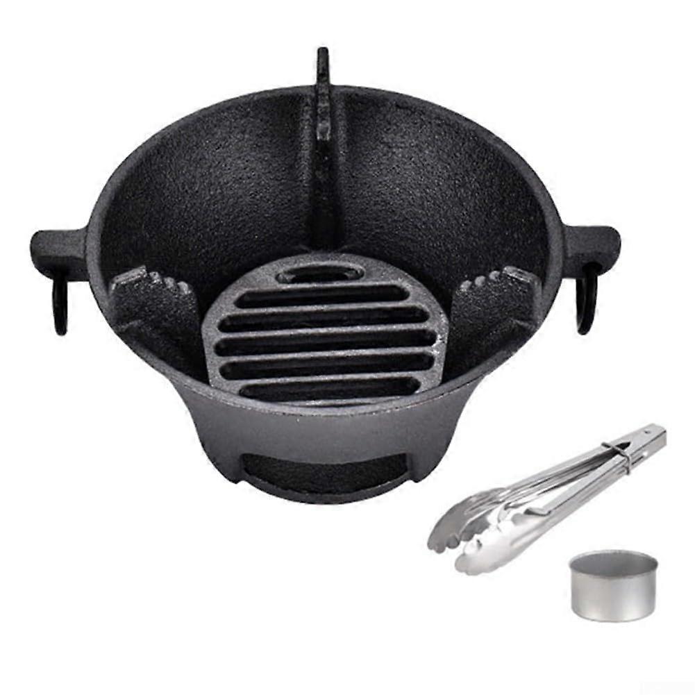 Cast iron charcoal grill for barbecue, portable, with even heat conduction, nonstick coating, includes clips and two cups (19.5x19.5cm).