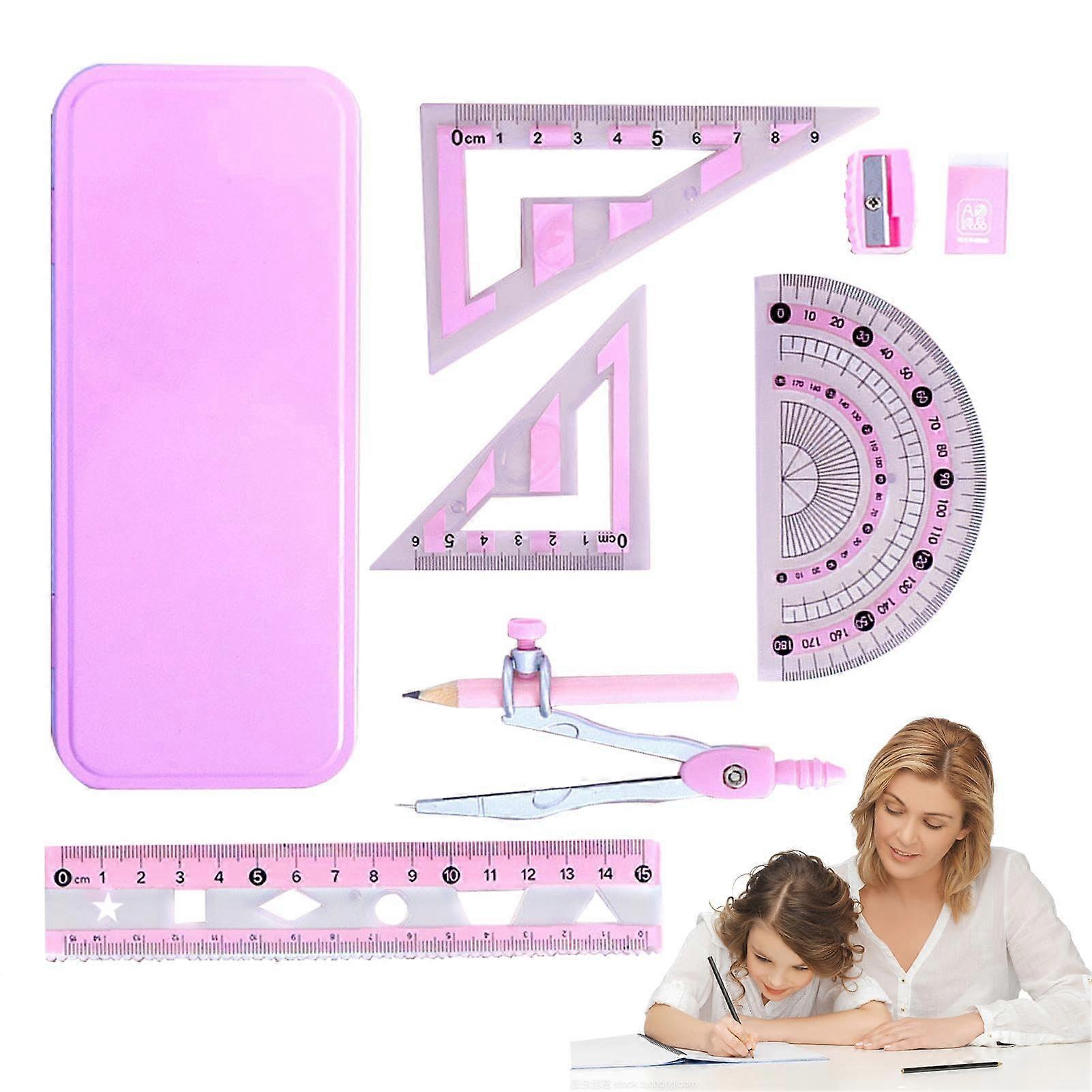 Compass-Protractor Set With Ruler, Pink Geometry Kit, Includes Compass, Protractor And Ruler