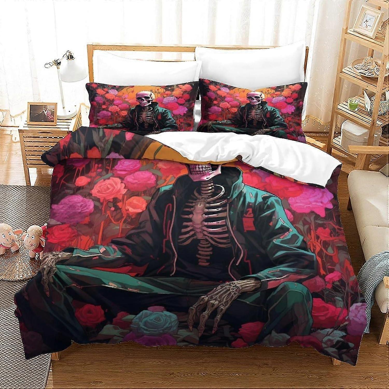 3 Piece Human Skeleton Bedding Set with 3D Duvet Cover and Pillowcases, Hypoallergenic Soft Microfiber Quilt Cover, Double