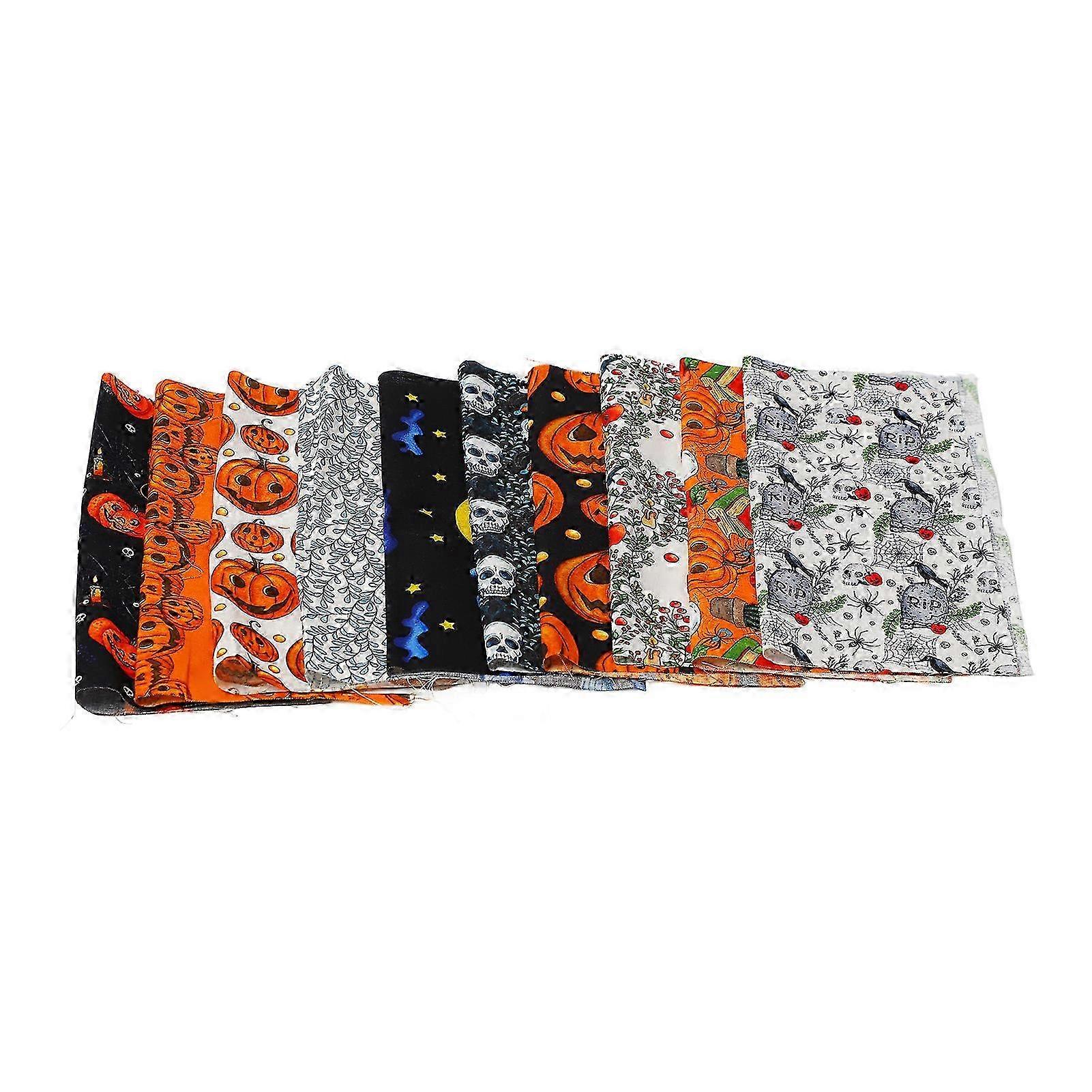 10 Sheets Halloween Cotton Fabric with Ghost Pumpkin Skull Patterns for DIY Sewing Bundles 50x50cm / 19.7x19.7in