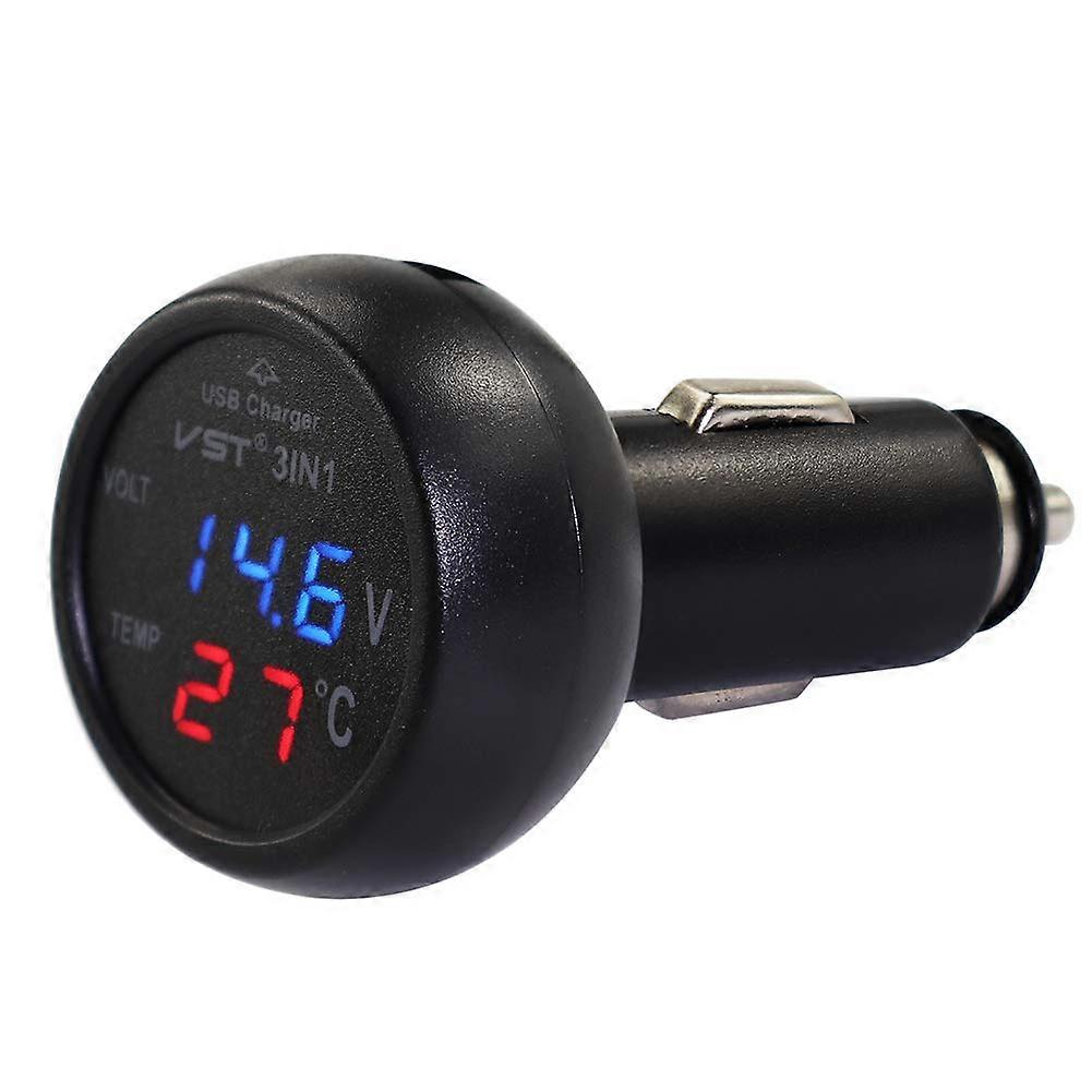 Car Charger 3-In-1 USB, Temperature Tester, Voltmeter, Digital Thermometer, LED Display, Red and Green