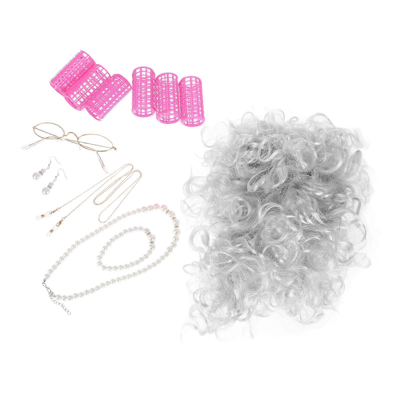 Silver Wig with Hair Rollers and Glasses Chain for Cosplay Realistic Comfortable Reusable