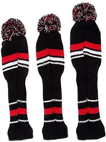 Golf Headcovers Knitted Retro Old School Vintage Stripes Pom Pom Throwback Classic Hybrid Headguard with Interchangeable Tags Pack of 3 (Red)