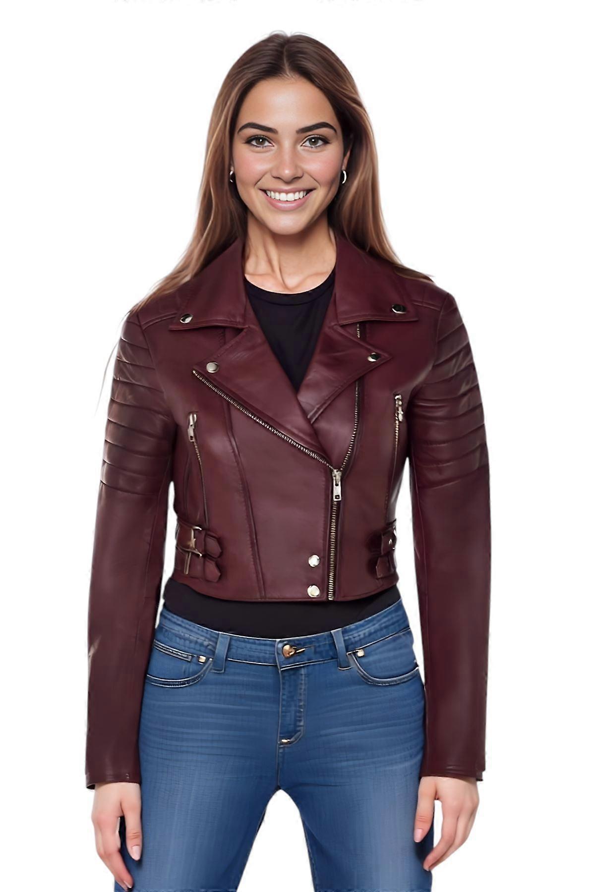 Ladies Cropped Jacket Short Body Gothic Top Burgundy Chic Biker Real Leather Jacket