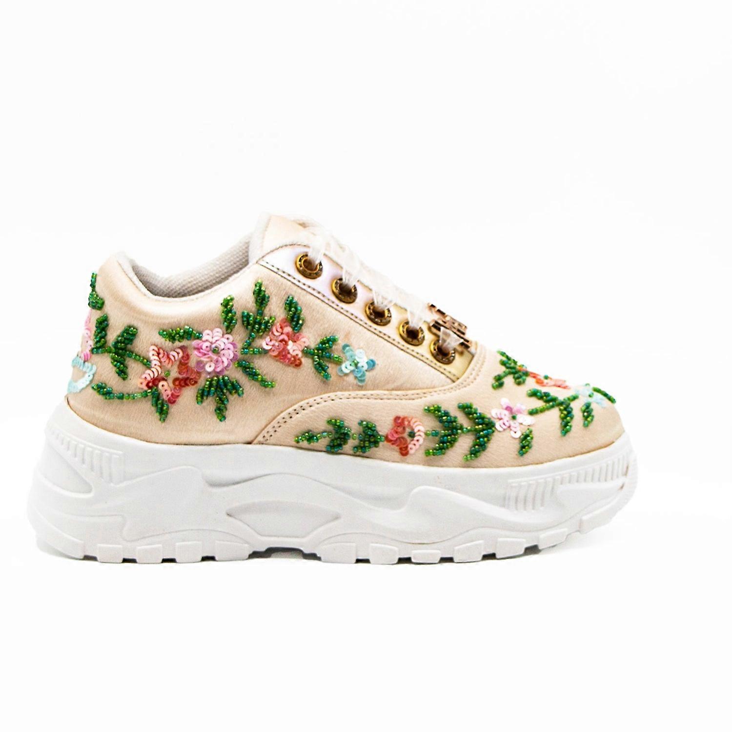Ariana luxury buttermilk satin handmade embellished trainers