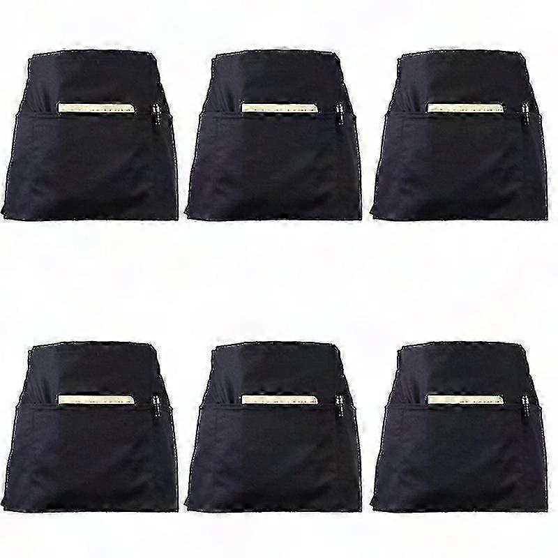 6 Pack Black Waist Aprons With 3 Pockets - Half Aprons For Waitress Waiter 24 X 12 Inch Server Apro
