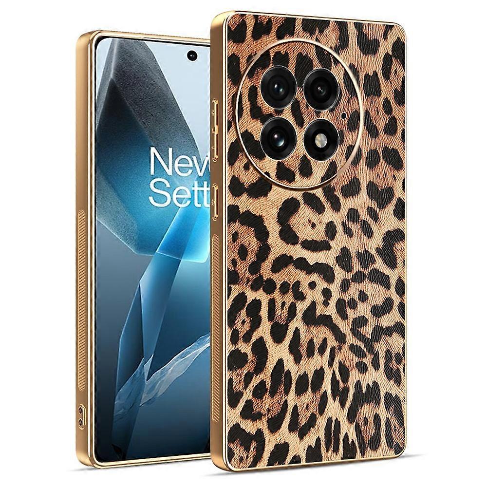 Compatible For OnePlus 13 Case Leopard Print PU Leather Coated TPU + PC Electroplating Phone Cover