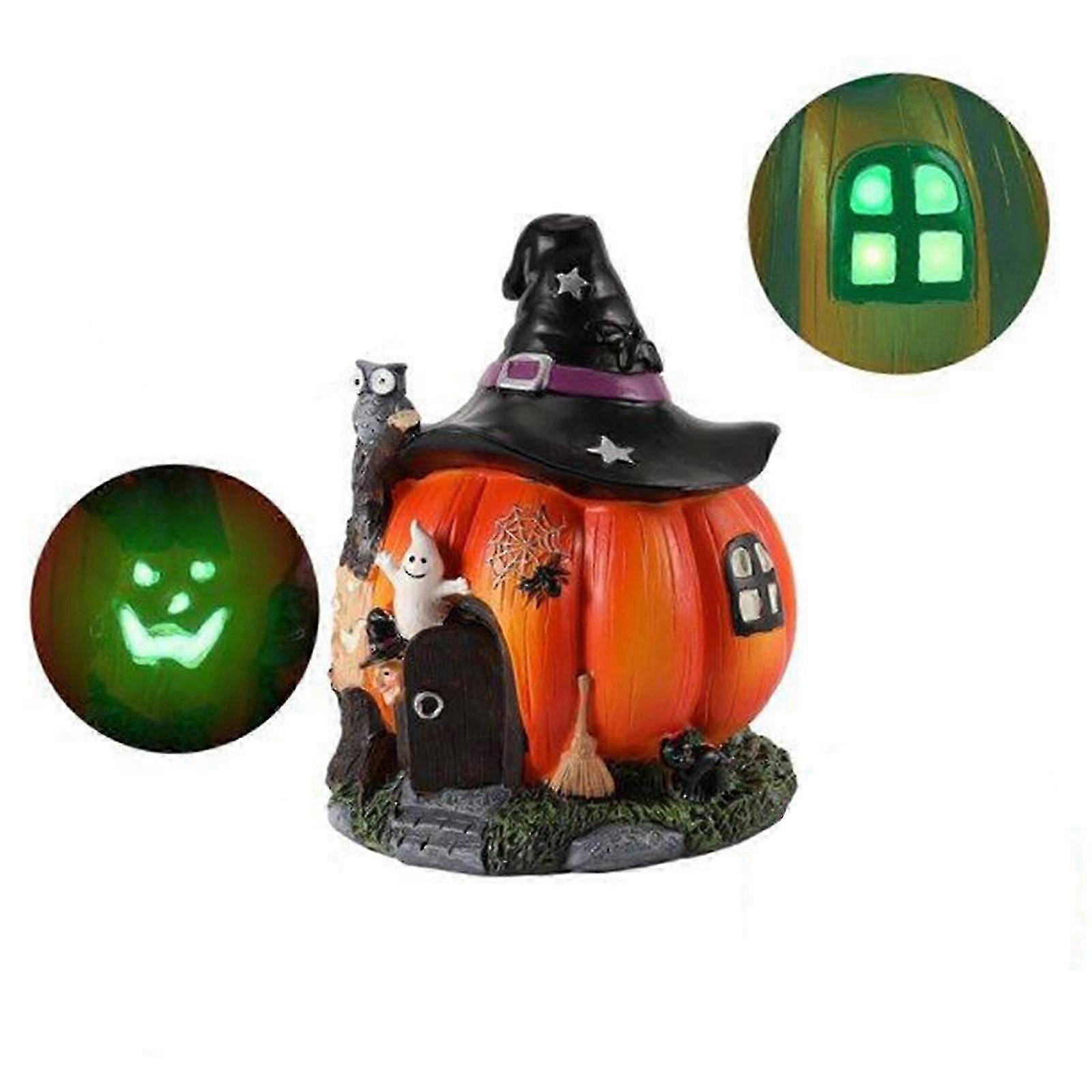 Halloween Pumpkin Statue Decoration Night Light Up With Witch House Village Set Statue Living Room Porch Party Scary Decorations