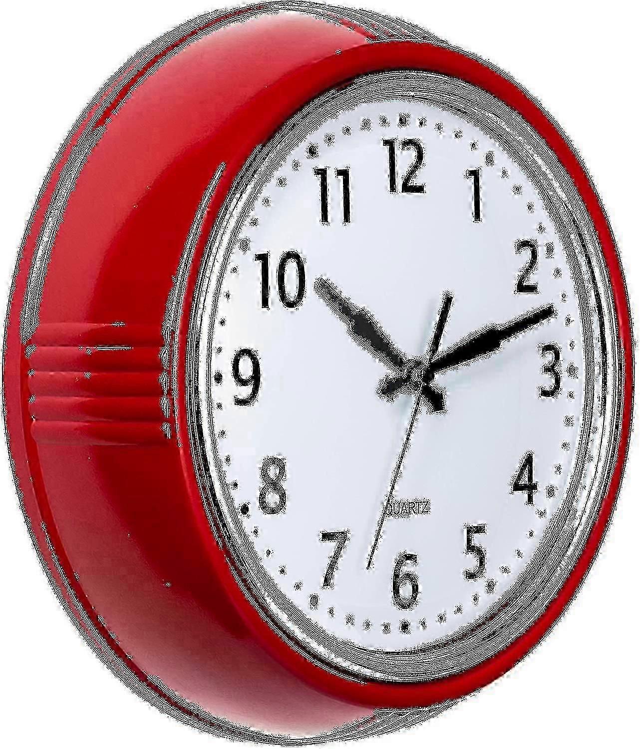 Retro Wall Clock 10 Inch Red Kitchen 50"s Vintage Design Round Silent Non Ticking Battery Operated Quality Quartz Clock o