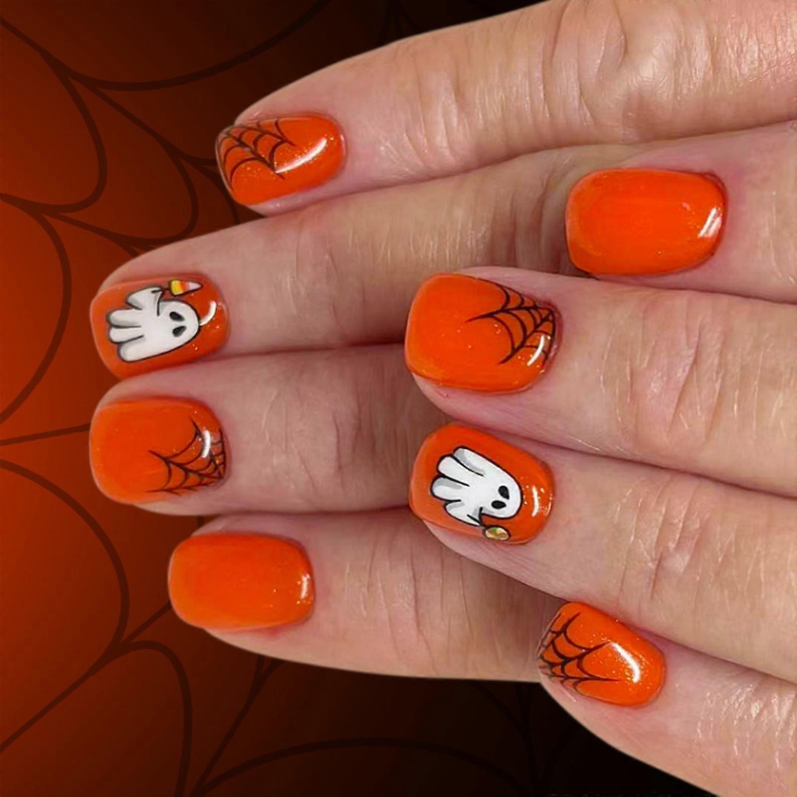 24PCS Reusable Press On Nail Halloween Theme Featuring Spooky Cobweb Skull Patterns And Comfortable ABS Multicolor