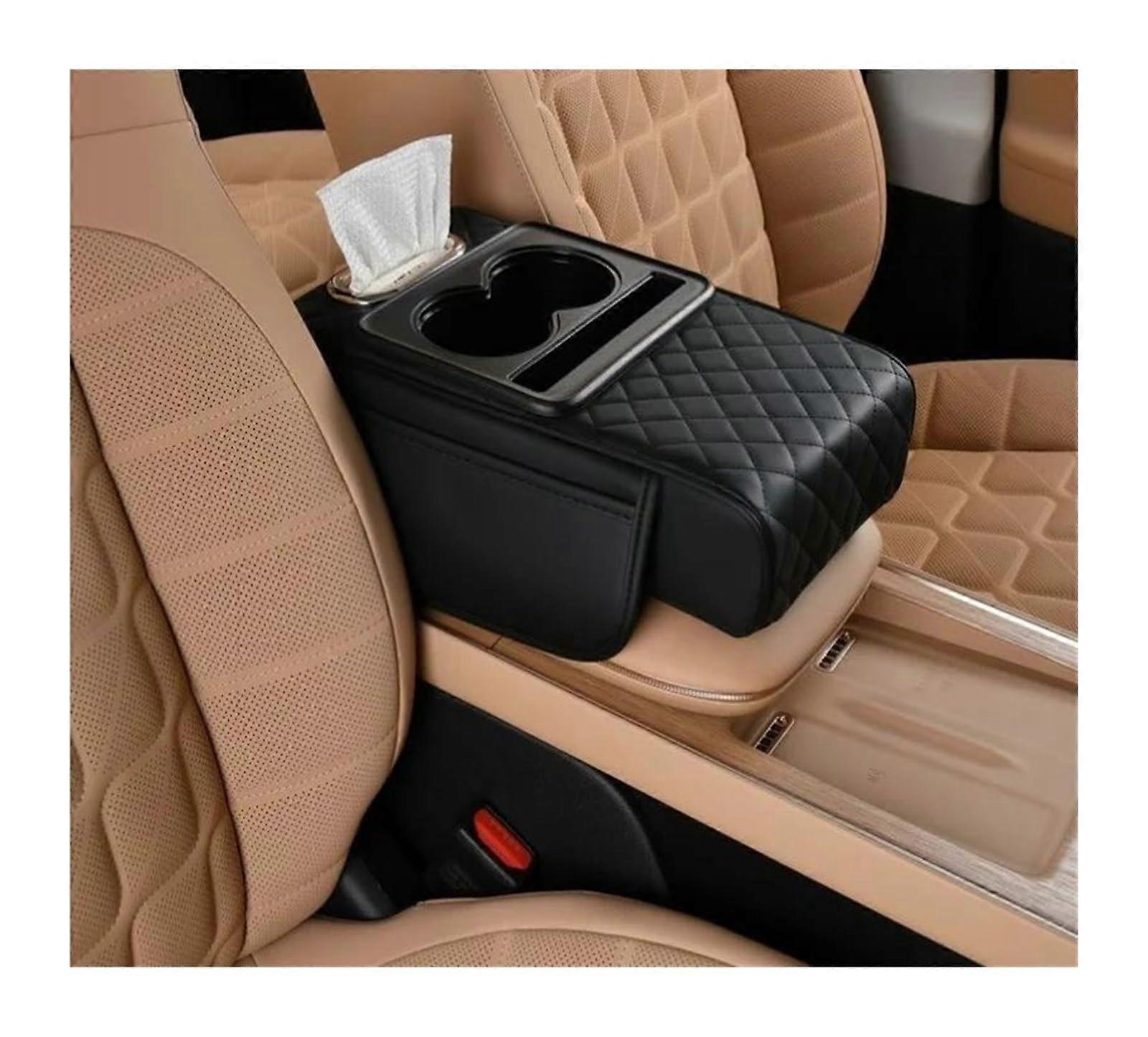 Auto Center Console Armrest Cushion Universal Fit For All Seasons With 2 Cup Holders Heightening Pad Black