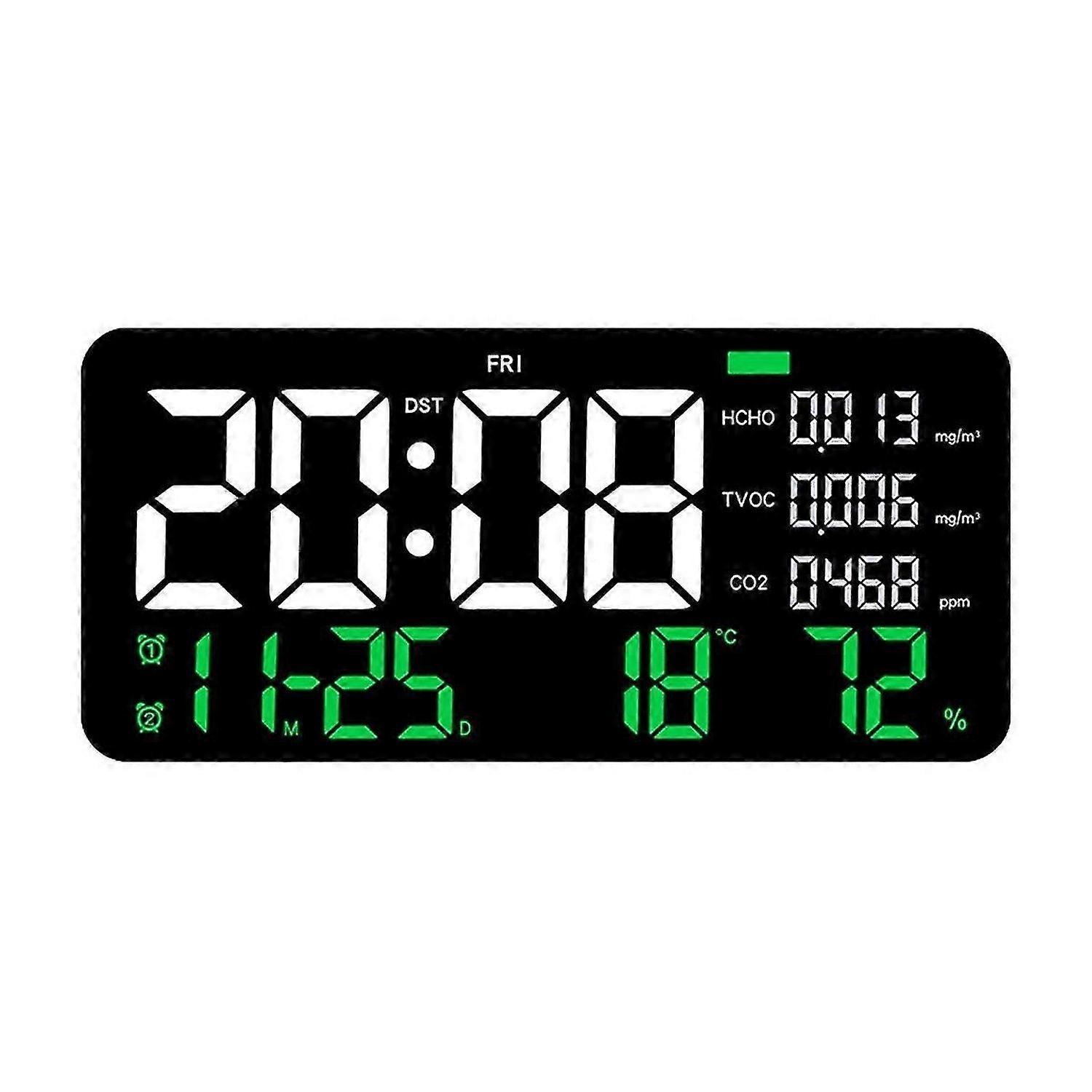 LED Digital Wall Clock Formaldehyde/CO2/TVOC Display Smoke Recognition Countdown Bedroom Decorative Clock Green