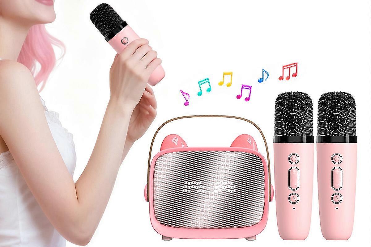 Karaoke Machine Toys Gifts Portable MP3 Player with 2 Wireless Microphone -Pink