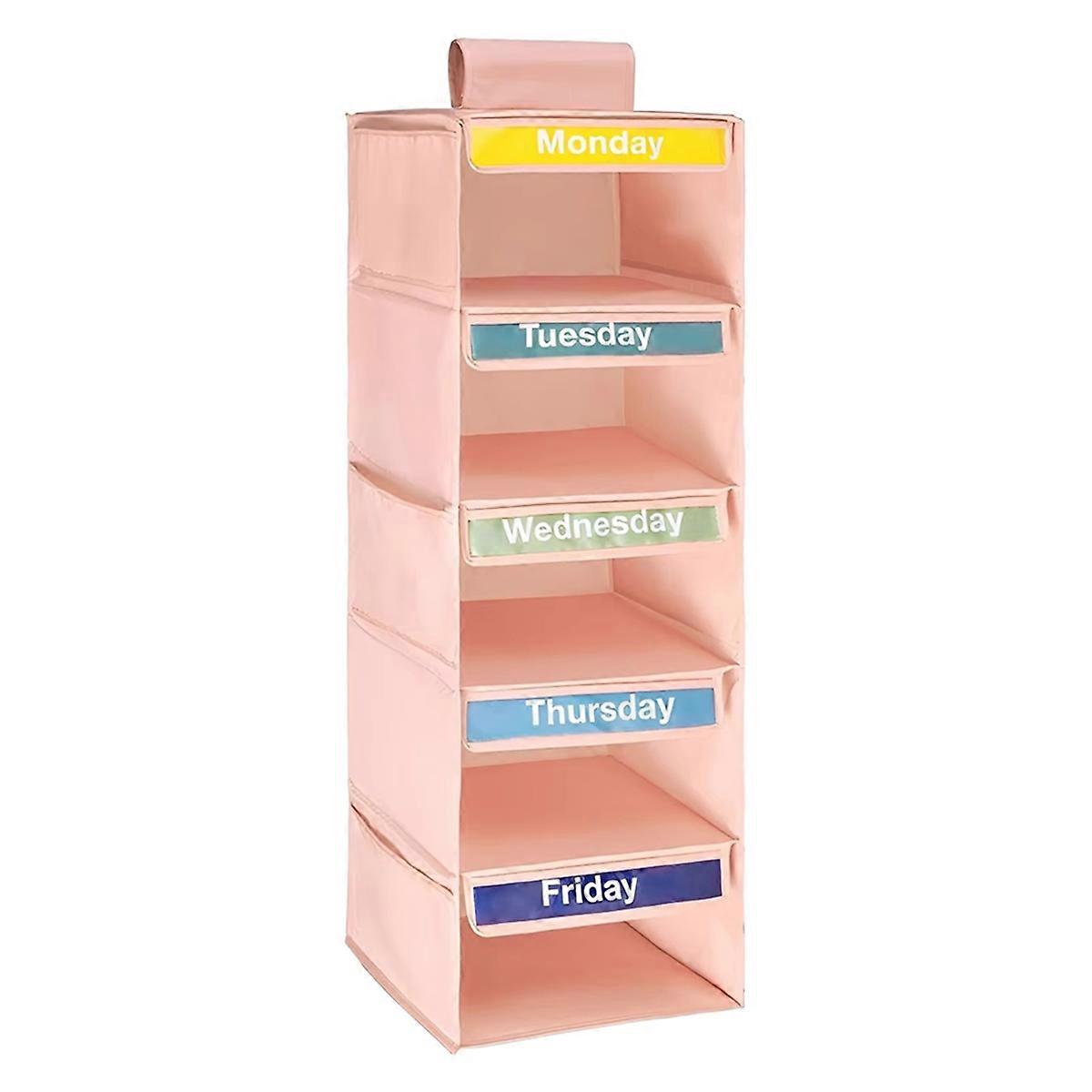 5-Shelf Weekly Clothes Organizer with 5 Side Pockets Hanging Closet Organizer with Labeled Days Hanging Storage Shelves D