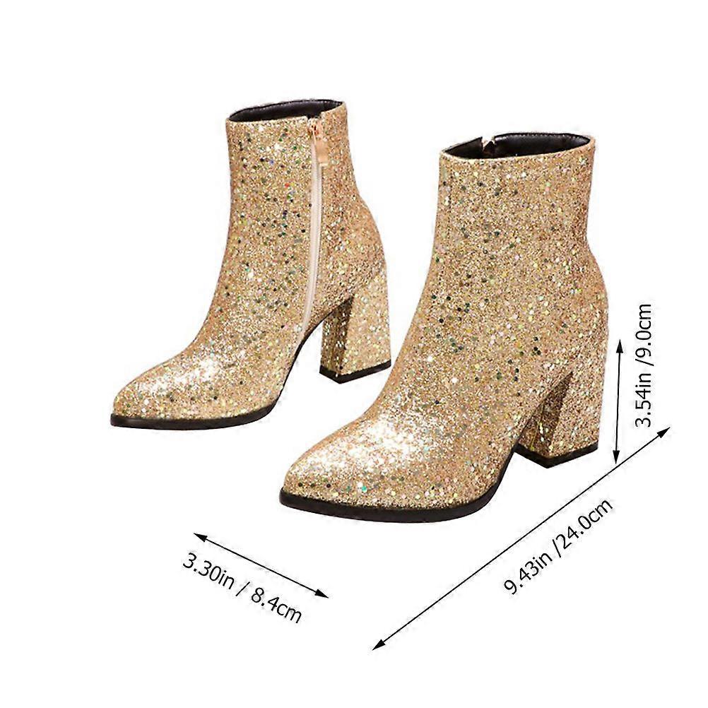 Ankle Boot Women Pointed Toe High Heel Sequins Design For Autumn Winter Stylish Practical Golden 1 Pair