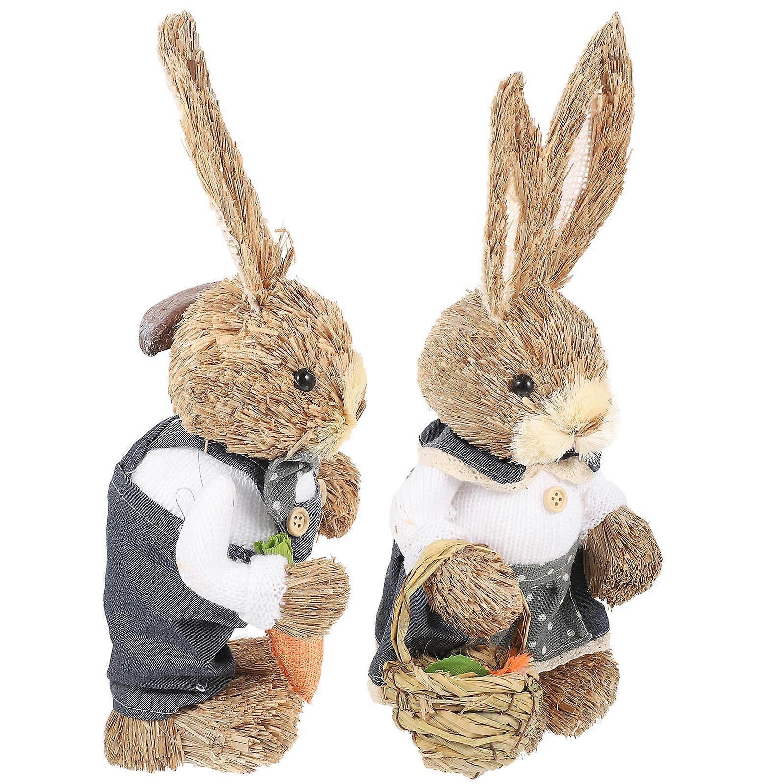 Hand Woven Bunny Figurines 2Pcs Straw Rabbit Statues Cartoon Style Garden Decor Assorted Color For Various Occasions