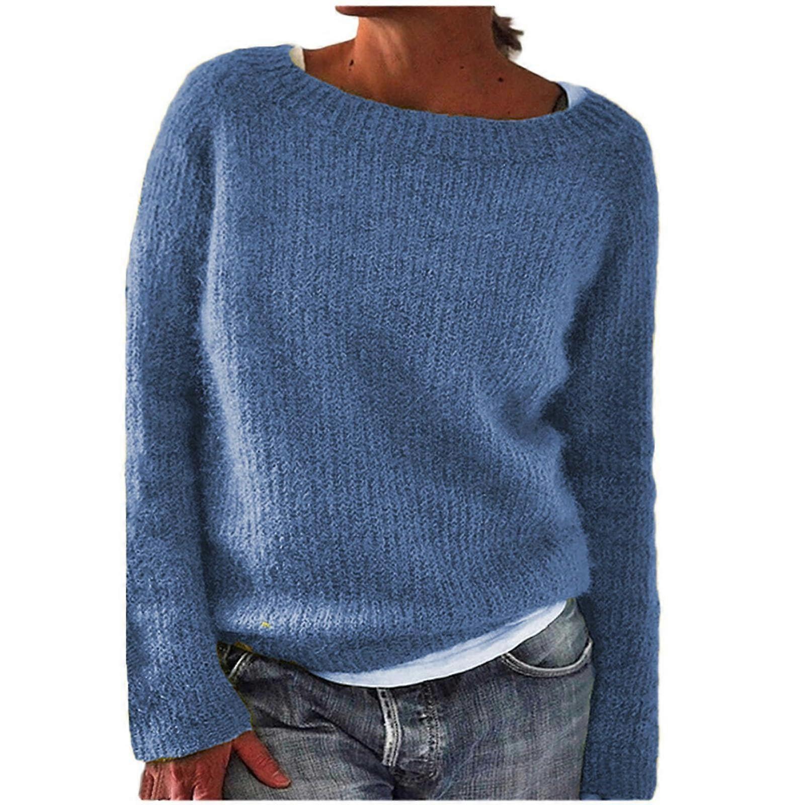 Damen Pullover Langarm U-Boot-Ausschnitt Basic Strickpullover Pullover Top Pullover Sweater Himmelblau S