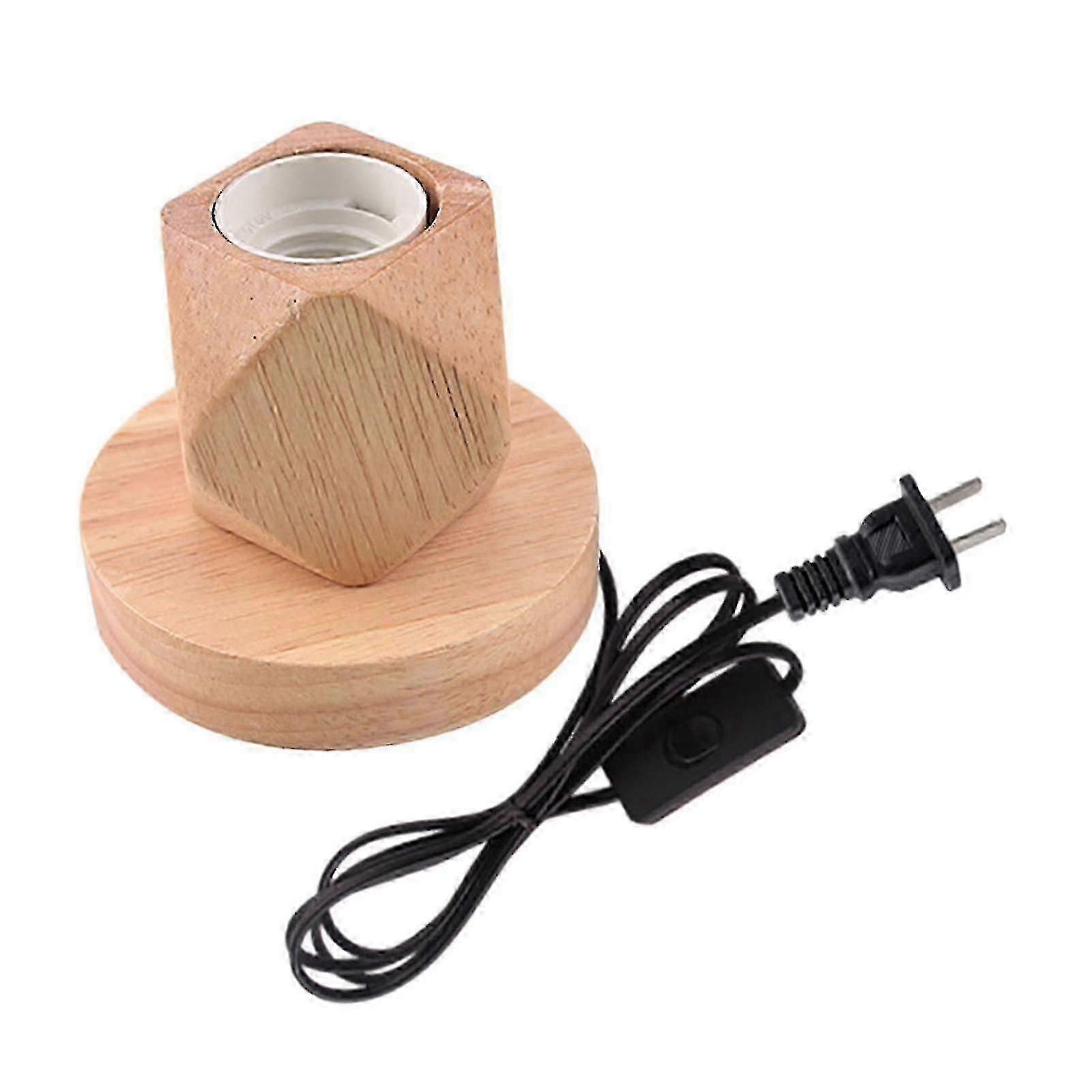 Rustic Wooden Base E27 Table Lamp with Plug, Nightlight Bulb Socket Holder for Bedroom Reading Desk Decor