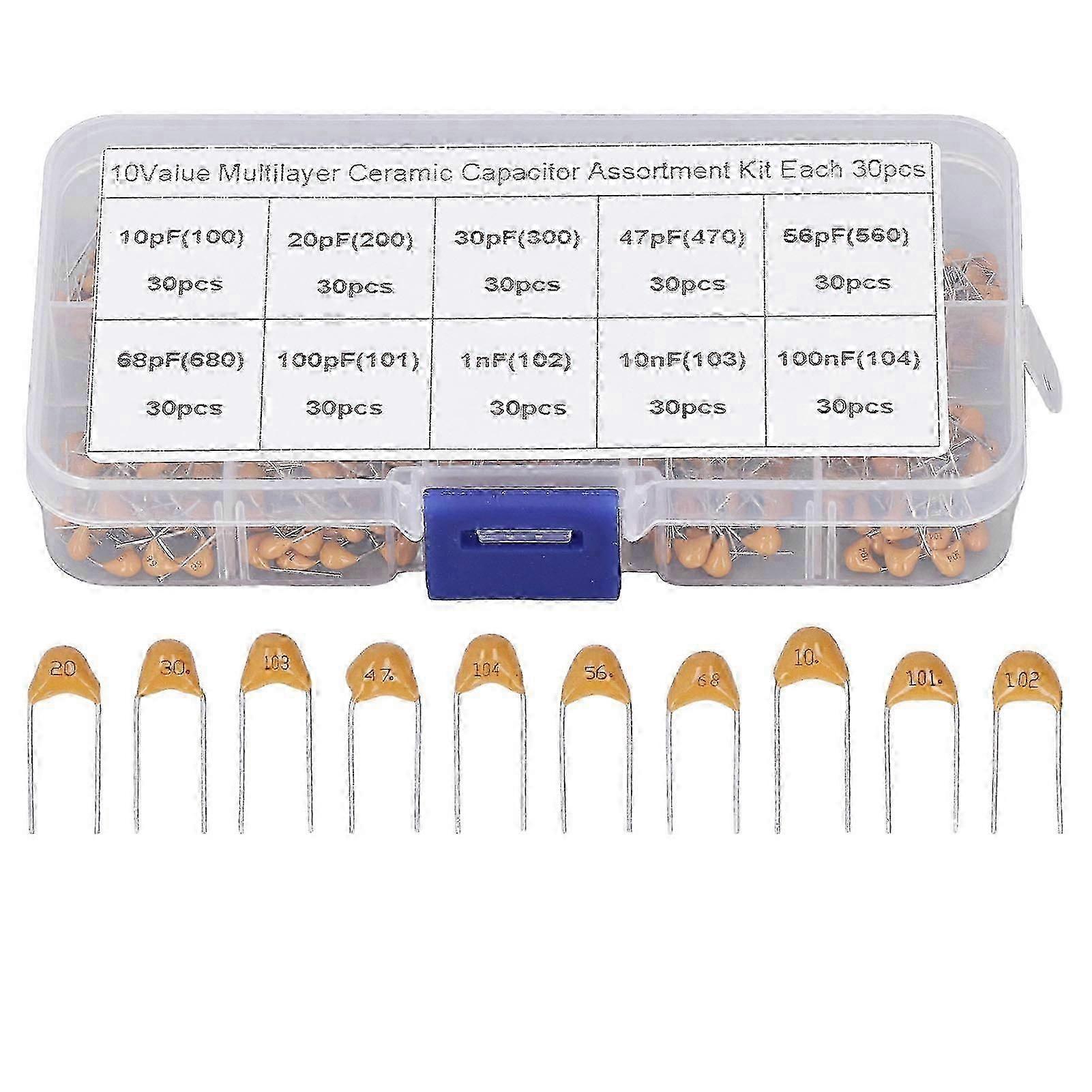 300PCS Monolithic Ceramic Capacitor Capacitance Stabilization Ceramic Chip Capacitor Assortment Kit 10PF to 100NF 26s