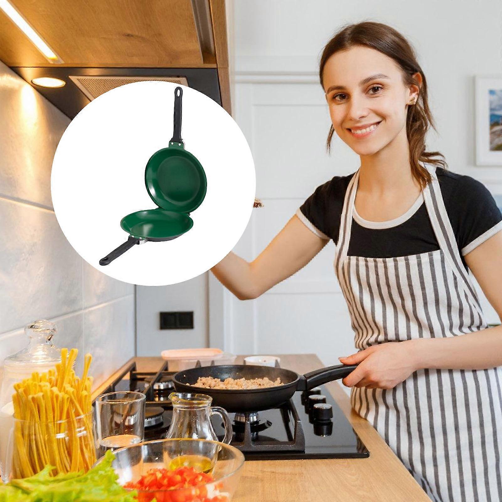 Double-Sided Nonstick Flipping Pan Ergonomic Handle Foldable Kitchen Cookware for Bread Eggs Breakfast  Green