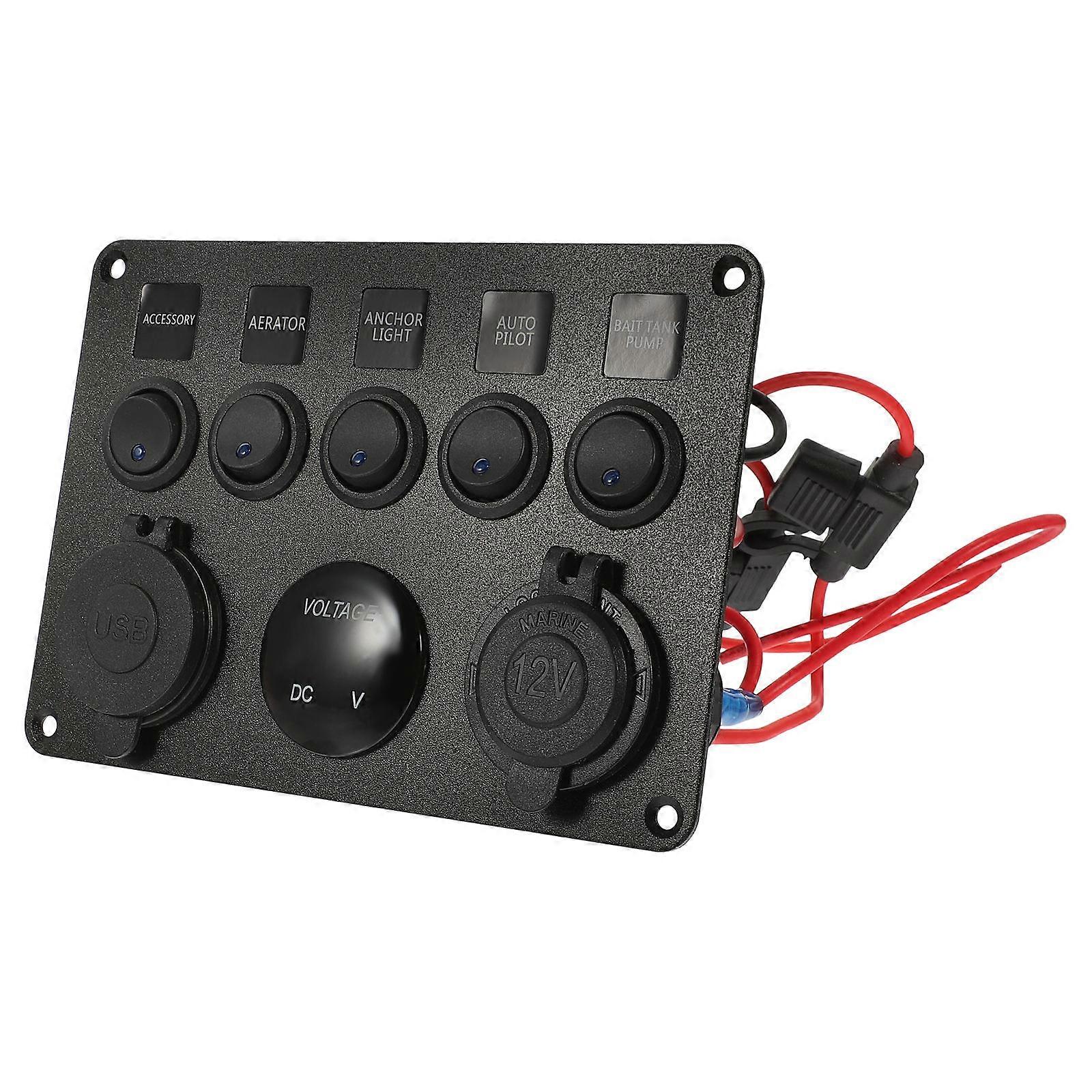 1Pc 5-button Switch Panel with Safety Fuse and Voltmeter and Double USB and Cigarette Lighter Socket for Automobile(Blue)