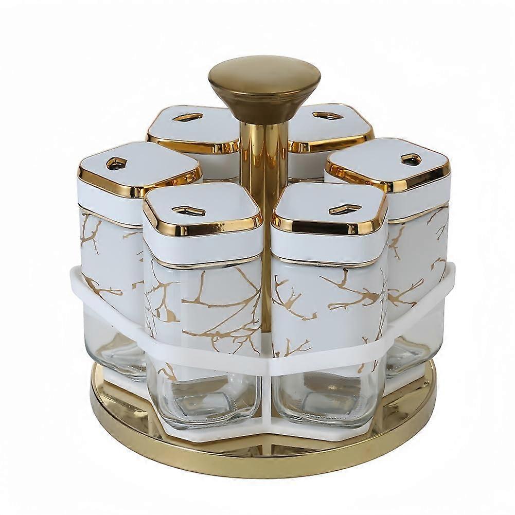 Spice Rack Organizer with 6 Clear Glass Jars, 360° Rotating Countertop Kitchen Storage (White and Gold)