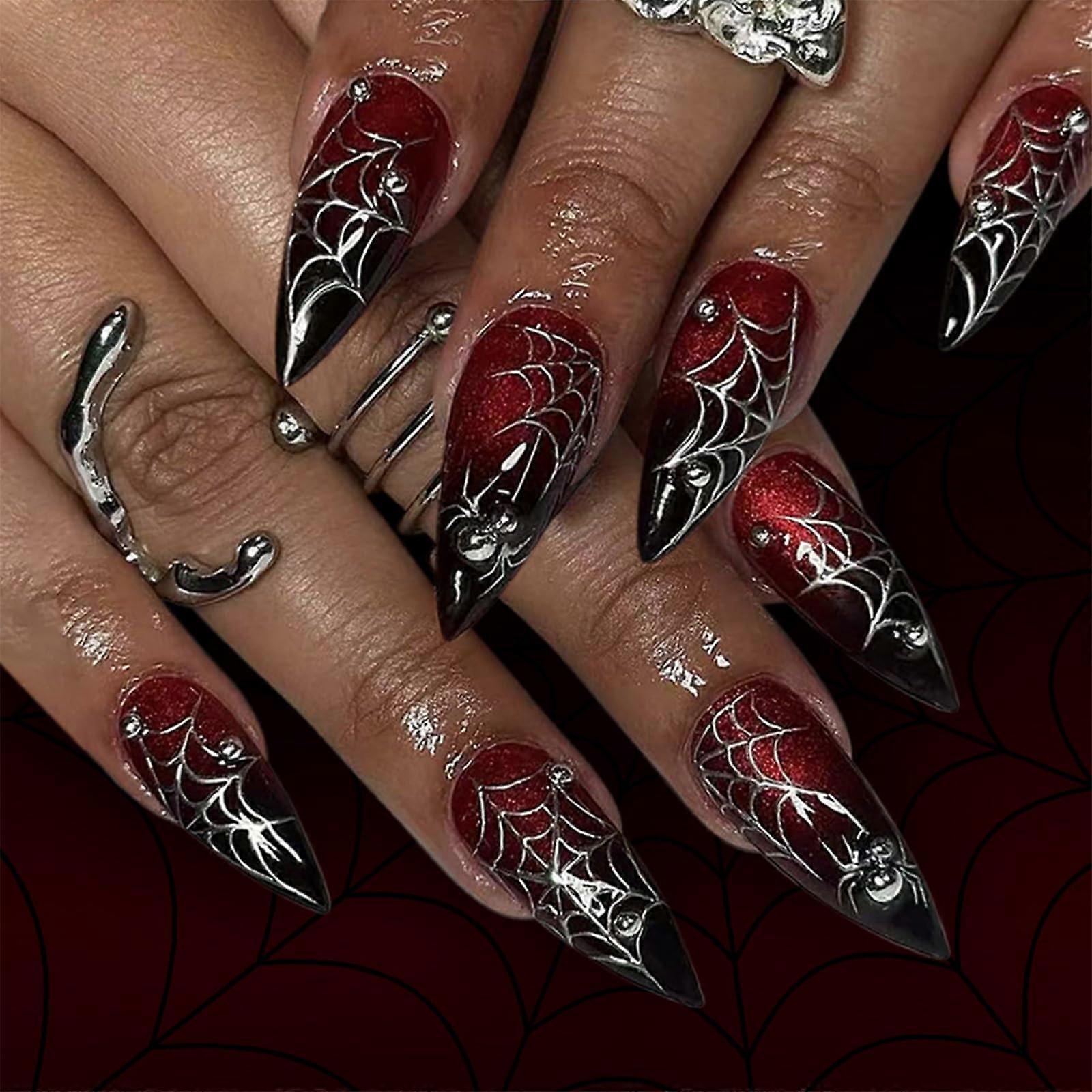 Long Stiletto Press On Nails with Glue, Black Red Ombre Gothic Spider Web, 24 Pcs Nail Kit