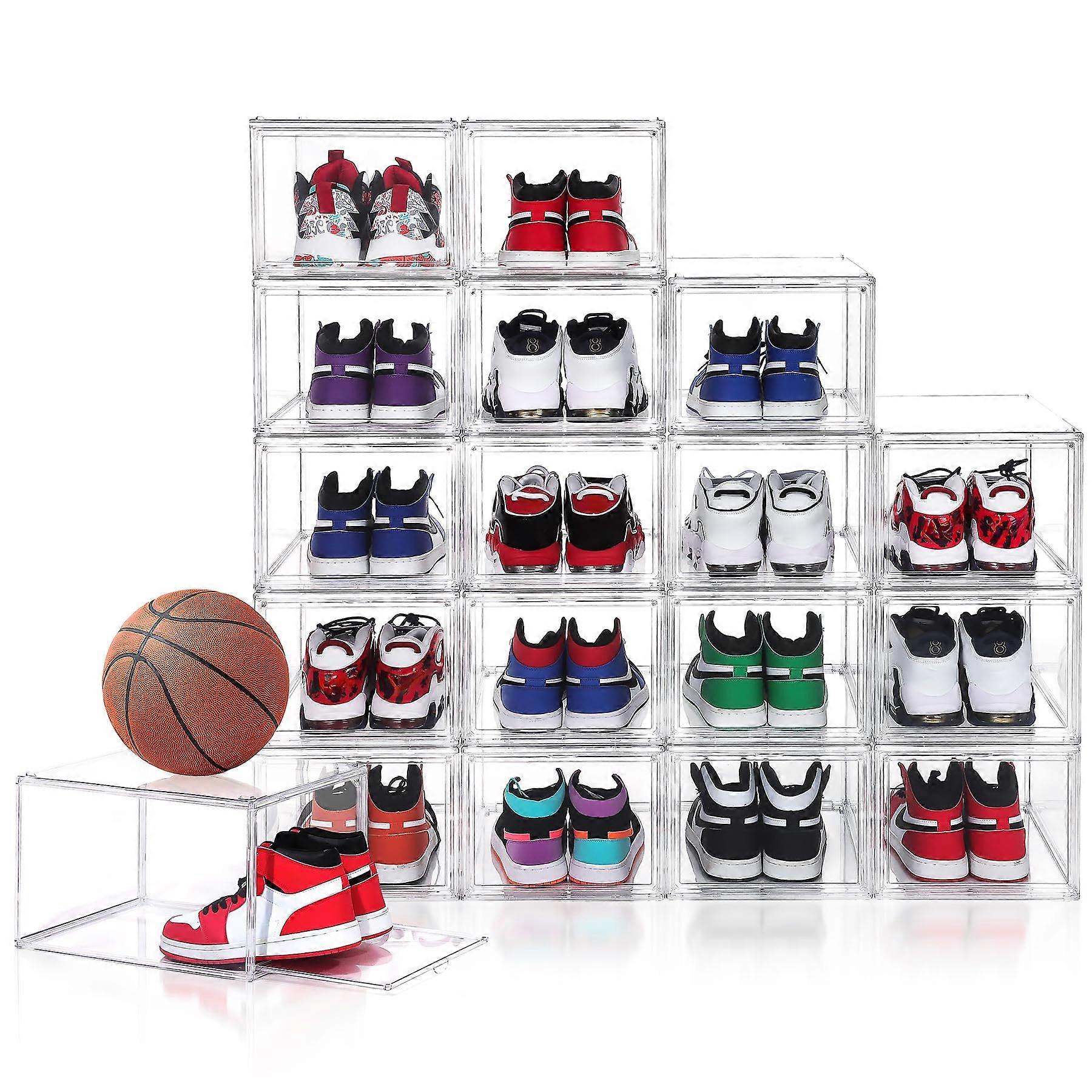 12 Pack Clear Acrylic Stackable Shoe Boxes for Sneakers, Large Display Case Fits up to Size 14