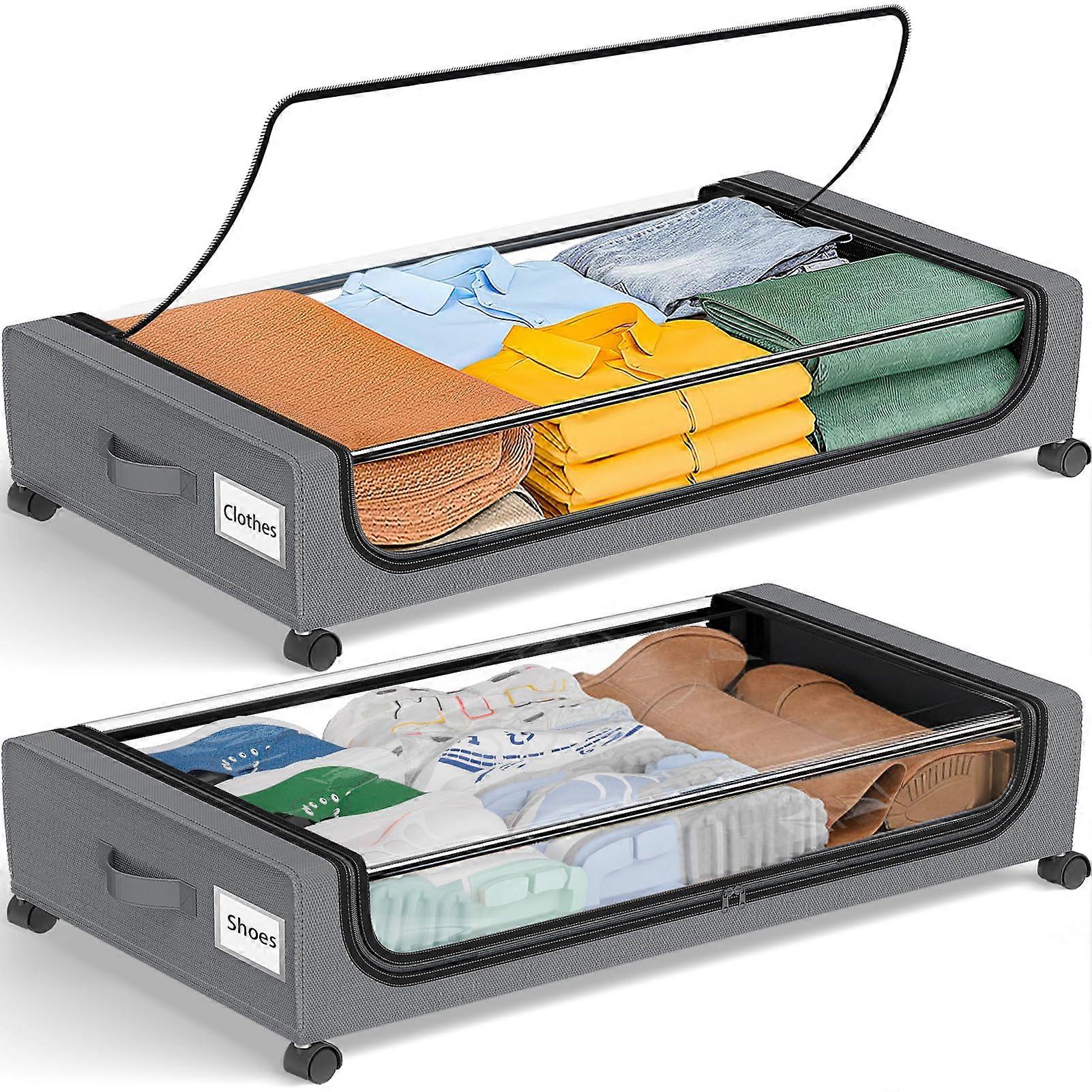 Under Bed Storage Organizer with Wheels, XXL Containers with Lids, Metal Frame, Grey 2Pack