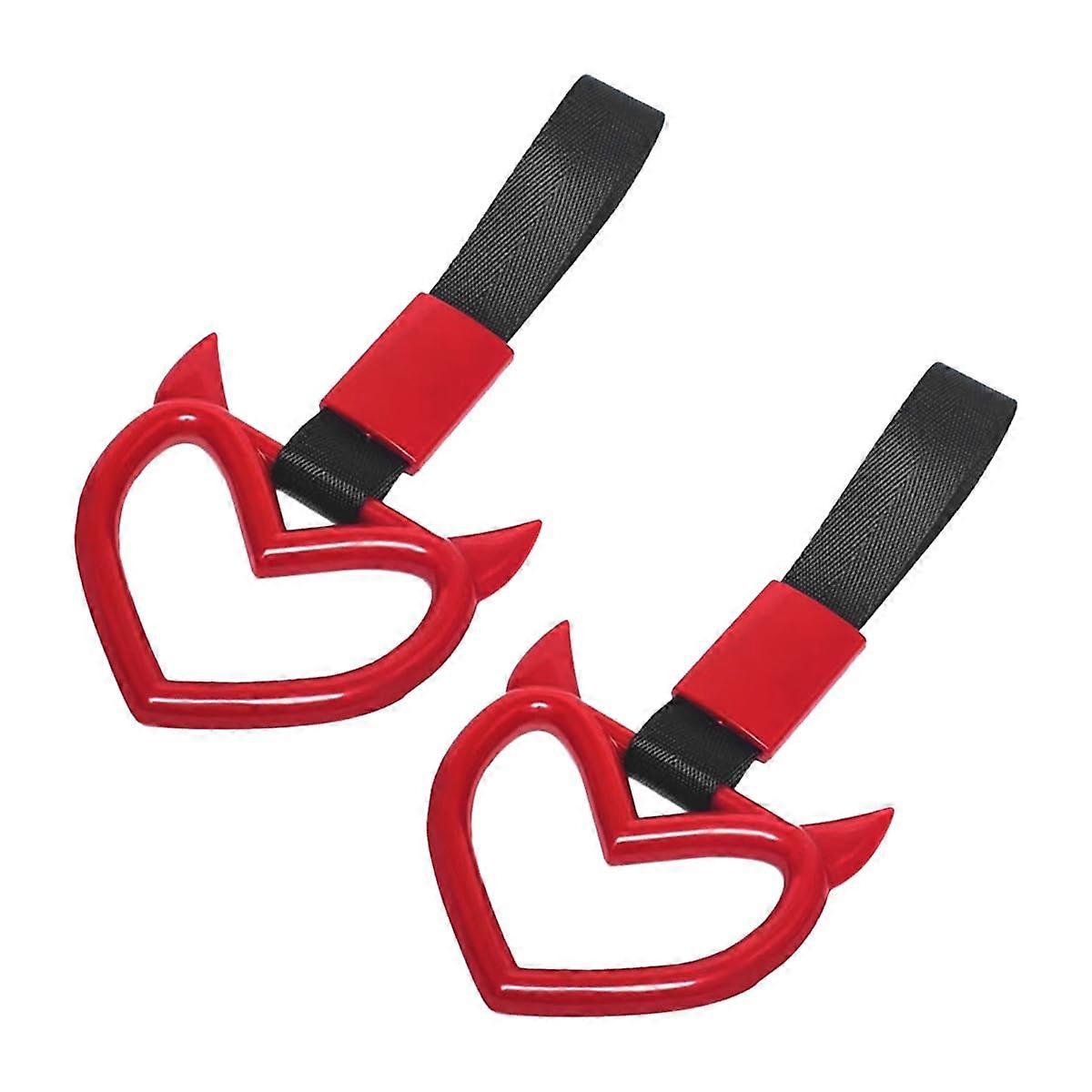 2PCS Car Handle Strap with EyeCatching Devil Heart, Universal Grab Handle Decoration, Red and Black