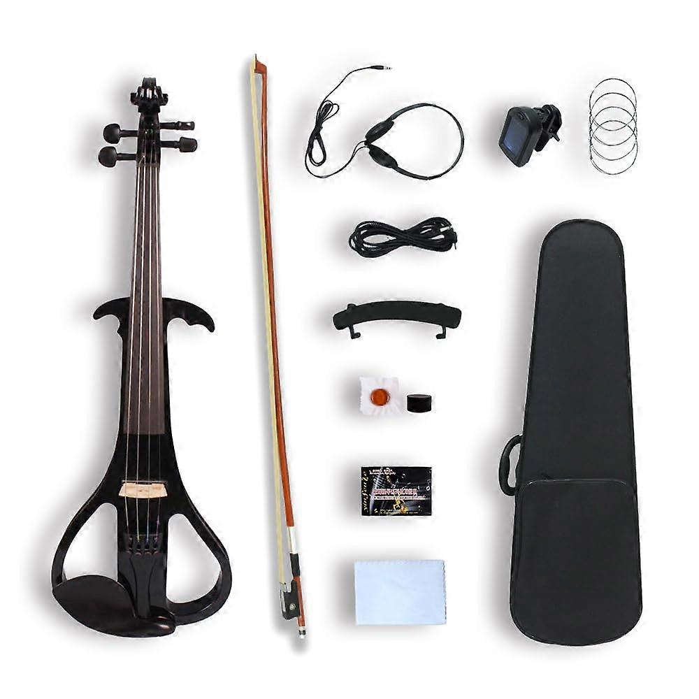 Electric Violin Full Size 4/4 Black Silent Performance Solid Wood with Ebony Fittings Beginner Kit