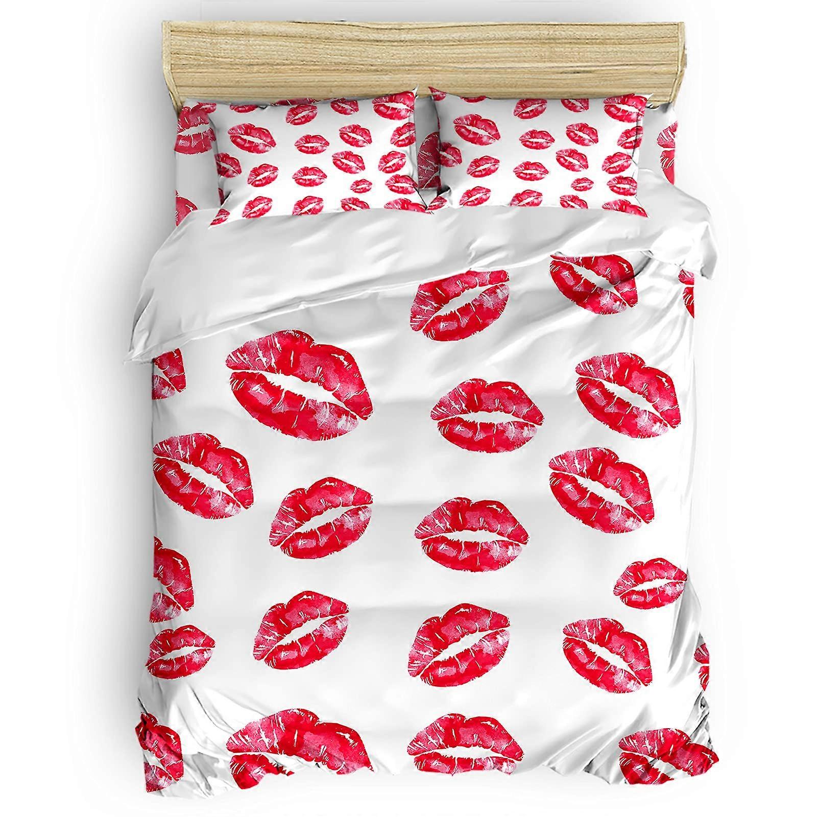 Red Lip Print Full Size Microfiber Comforter Set, Soft Wrinkle Resistant Bedding with Durable Stitching