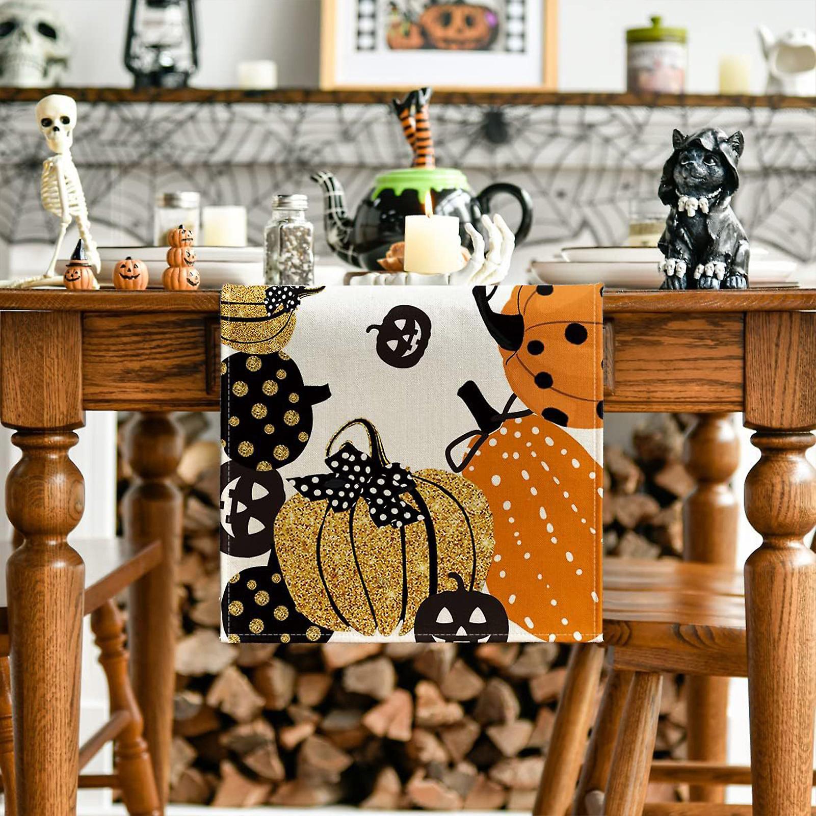 Pumpkins Table Runner Thermal Insulation Non Slip Linen Table Runner For Home Holiday Party Decor