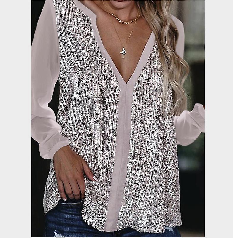Stylish Pure-Color V-neck Blouses with Sequins Skin-Friendly Soft Comfy Clothes For Bar Clubs Party