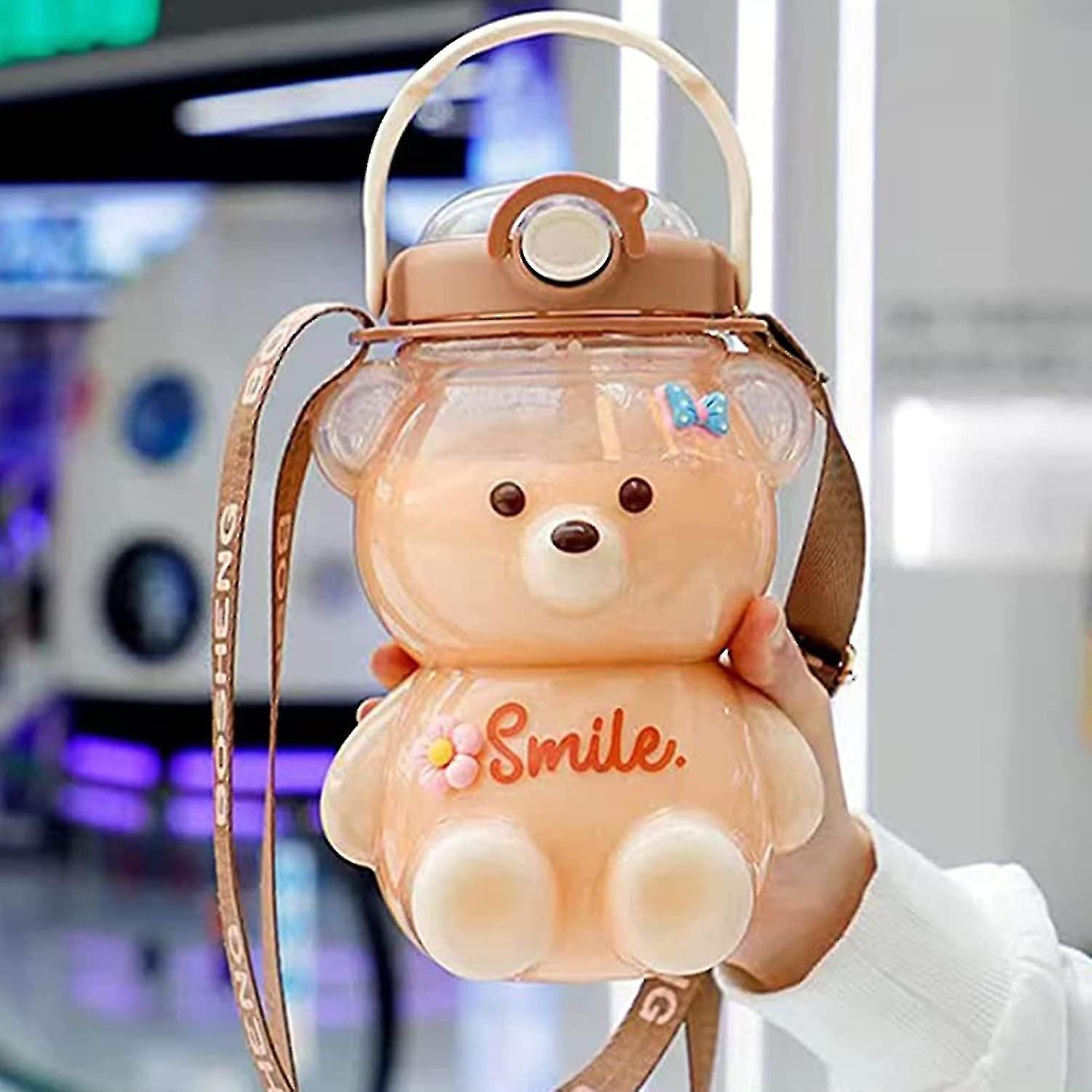 1000ml Large Bear Shaped Water Bottle With Straw And Strap