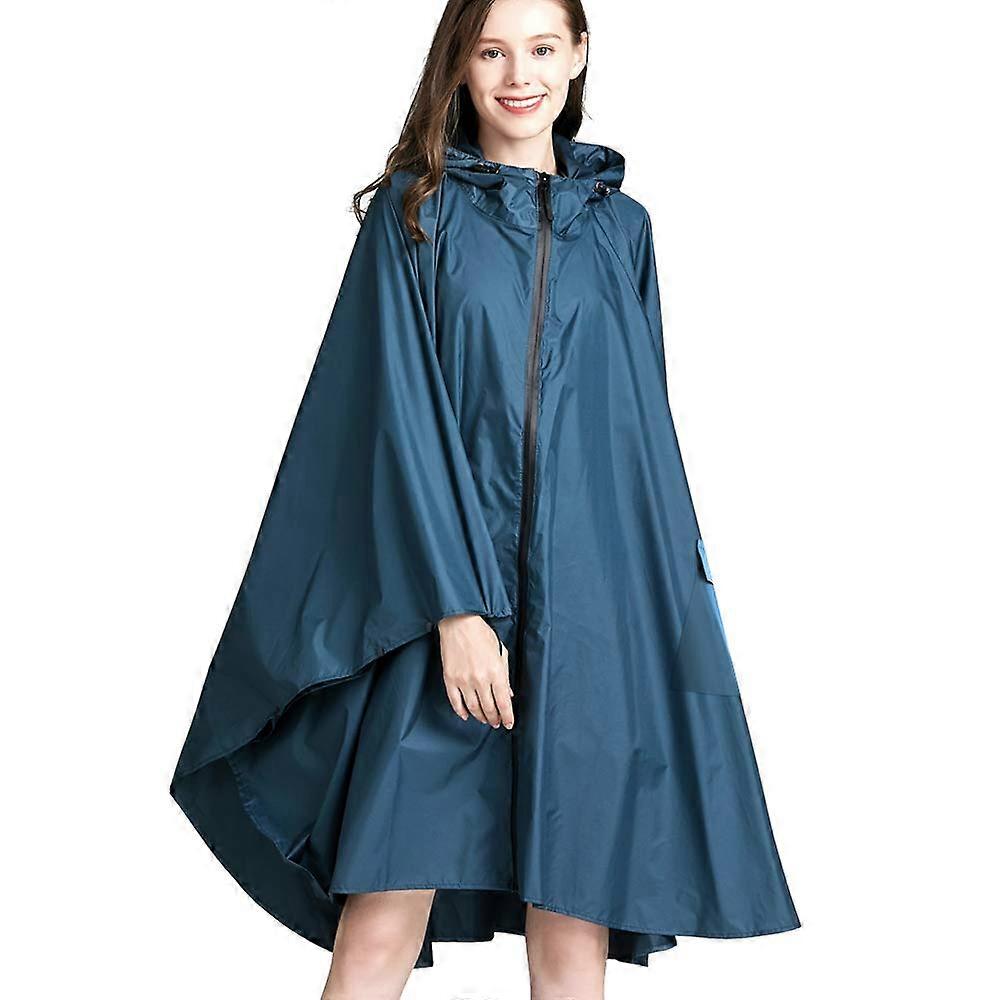 Leve impermeável chuva Poncho reutilizável Ripstop capa de chuva respirável com capuz para atividades ao ar livreSea Blue