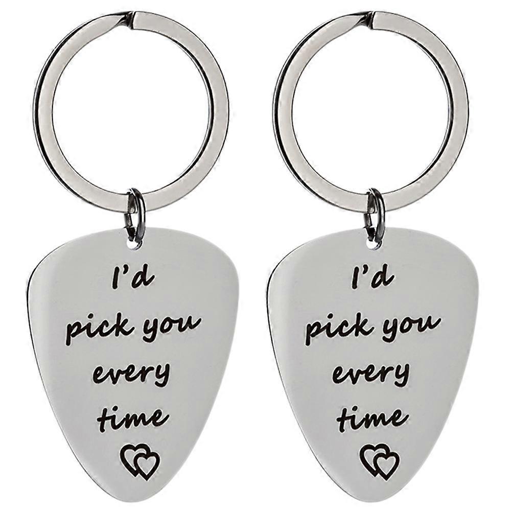 1 Set 2 Pcs Guitar Pick Key Chains Creative Valentine's Day Key Chains Silver