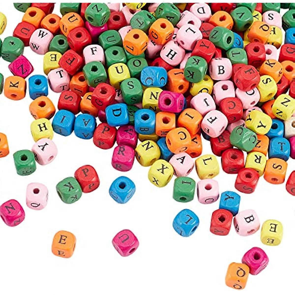 300pcs Alphabet Wooden Beads Colorful Wood Letter Beads 10mm Square Cube Letter Beads Random Mixed Letters Dyed Wooden Loose Beads with Alphabet for J