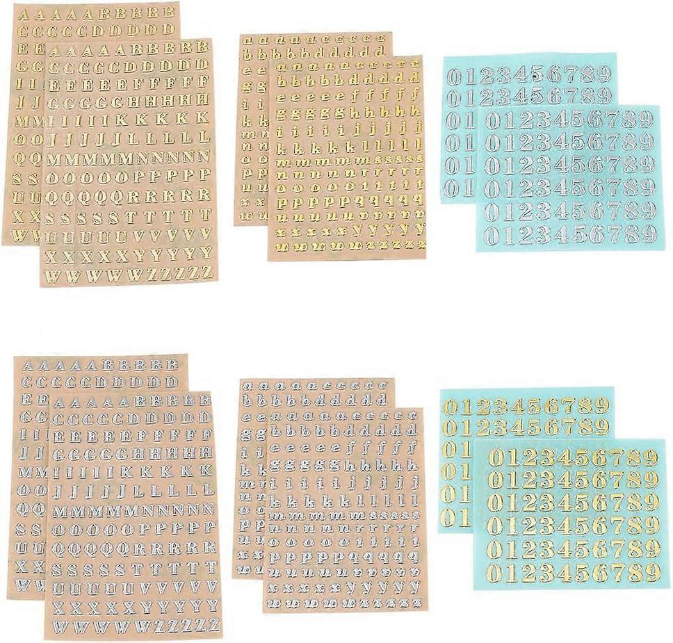 12Sheets 3Styles Cupronickel Number Letters Stickers Self Adhesive Sticker