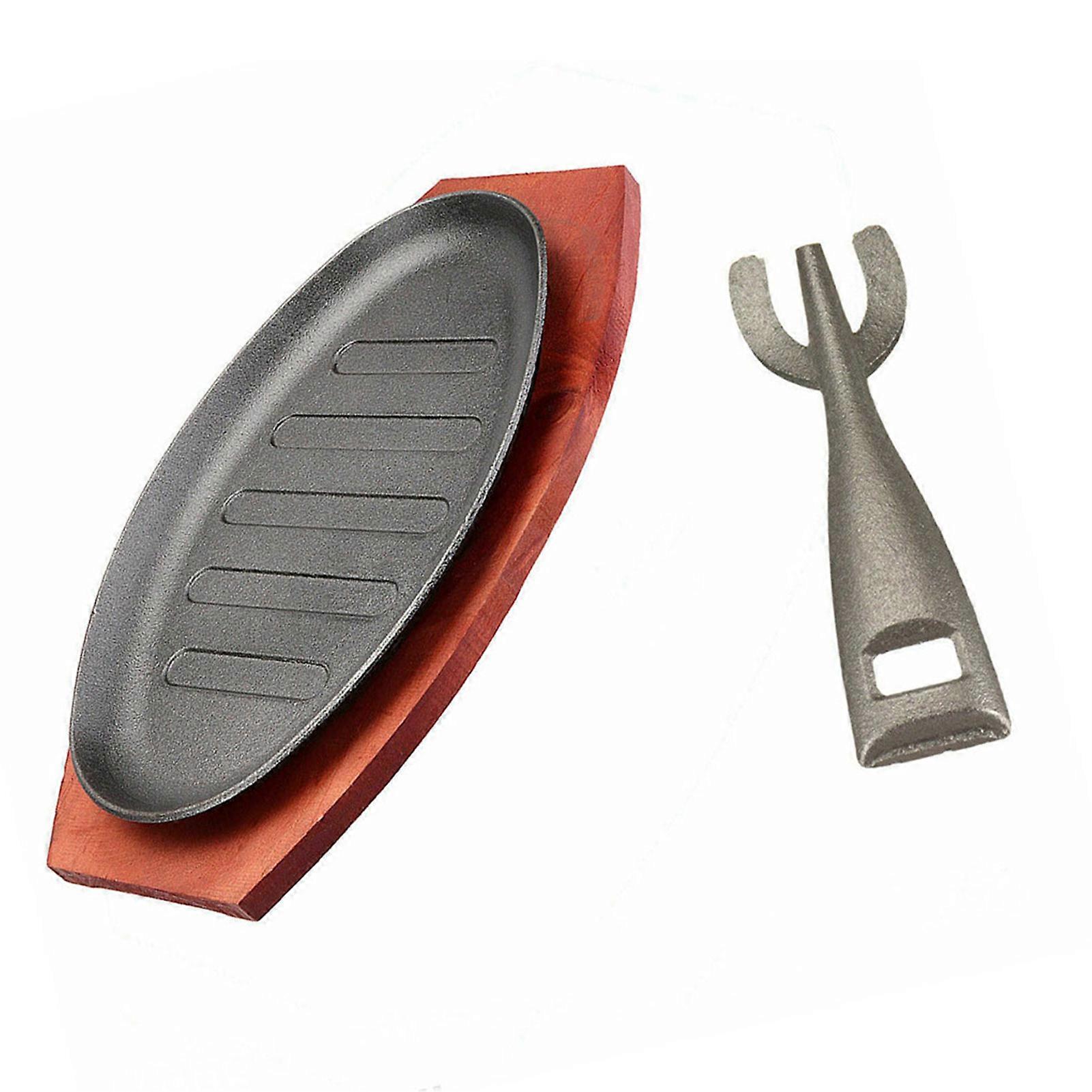 Handheld Steak Iron Dining Plate Wooden Base Handle Tableware Set for Restaurant Families