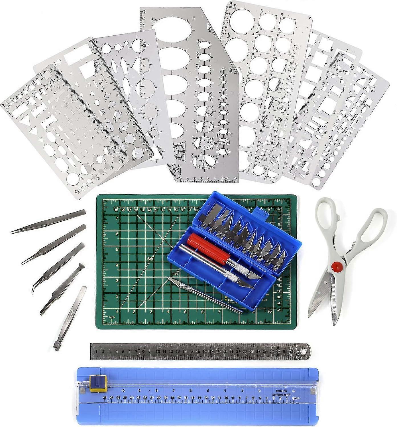 Stationery Scrapbooking Supplies Crafts Kit With Paper Cutter Tweezers Scissors Stencils 12 X 9 Self Healing Cutting Mat 26pc
