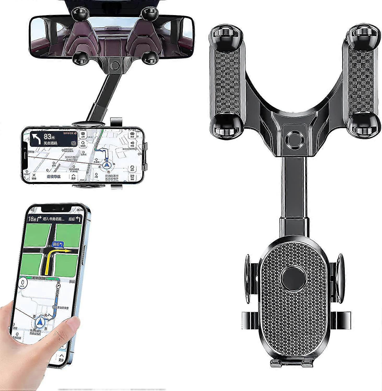 Car Rearview Mirror Mobile Phone Holder 360 Rotation Retractable Multi-function Adjustable For All Mobile Phones