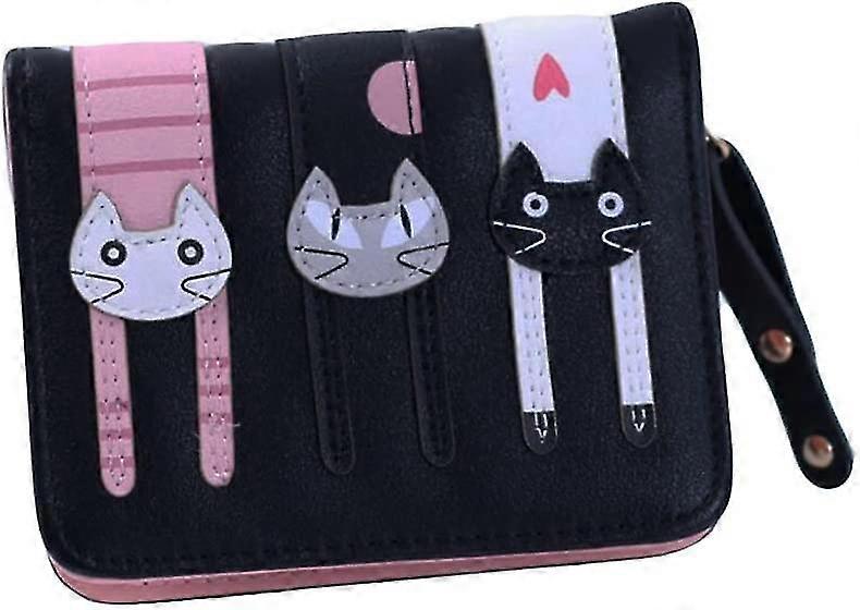 Women's Leather Short Wallet with Zip Cartoon Cat Pattern