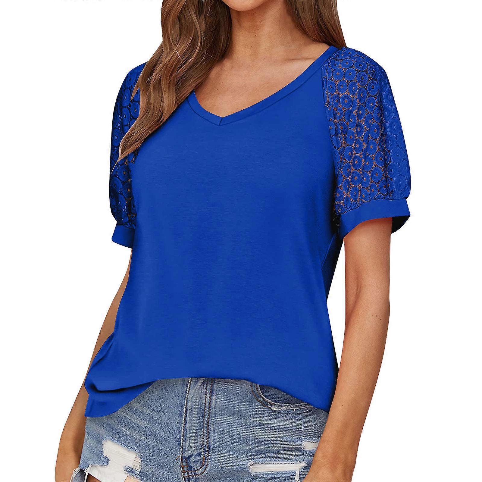 T-shirts pour femmes d'été à manches courtes Col en V Tee Lâche Casual Dentelle Tricot Tops Deep Blue