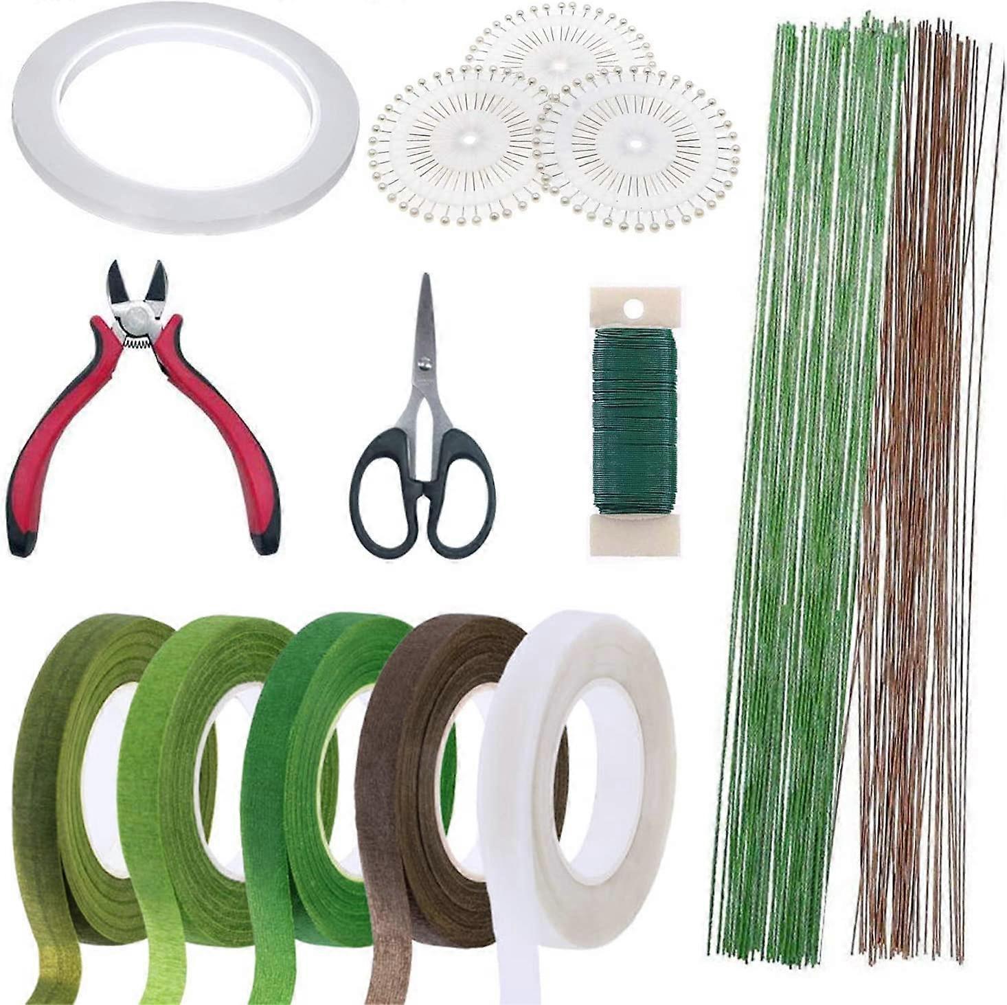 12 PCS Floral Arrangement Tool Kit, 2 Style Tape Strap Wrap, 2 Style Floral Wire, 2 Style Scissors and Head Pins for DIY Wedding Bouquet