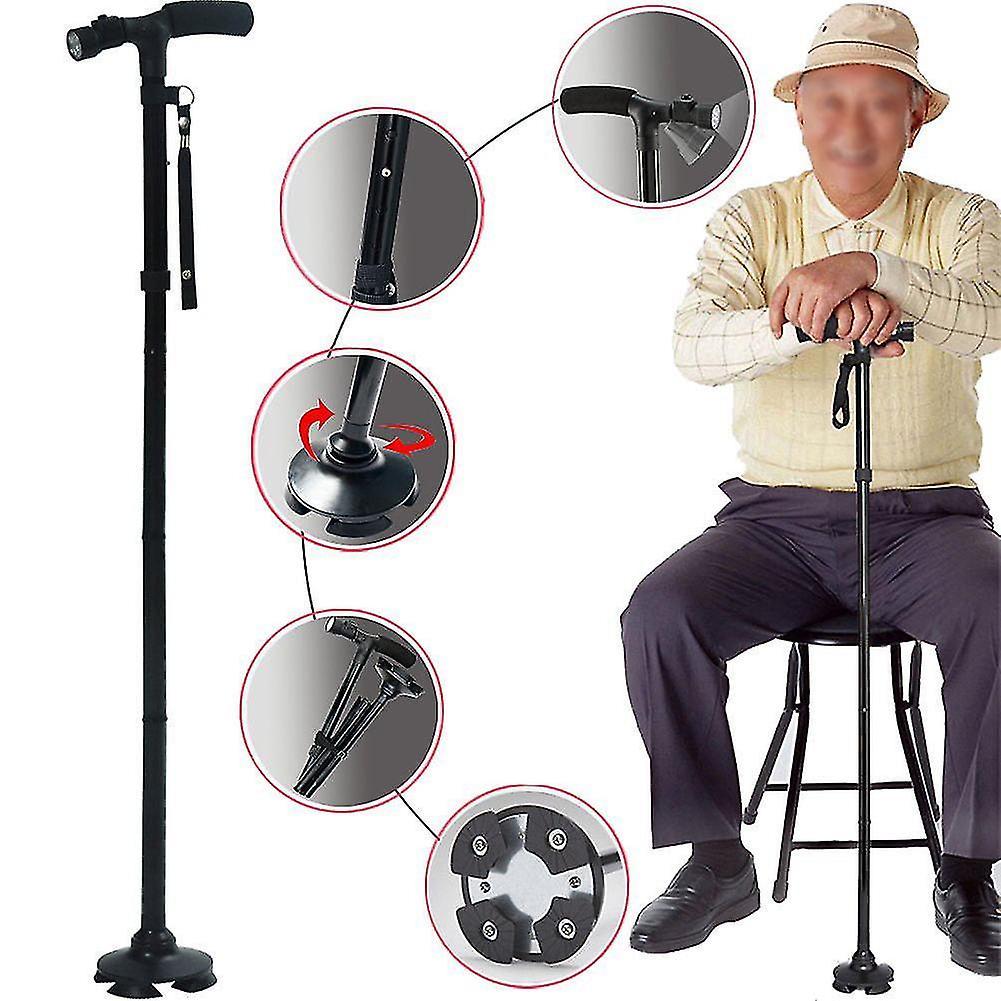 Portable Handle Walking Cane Walking Stick Folding LED Safety 4 Head Pivoting Trusty Base Black
