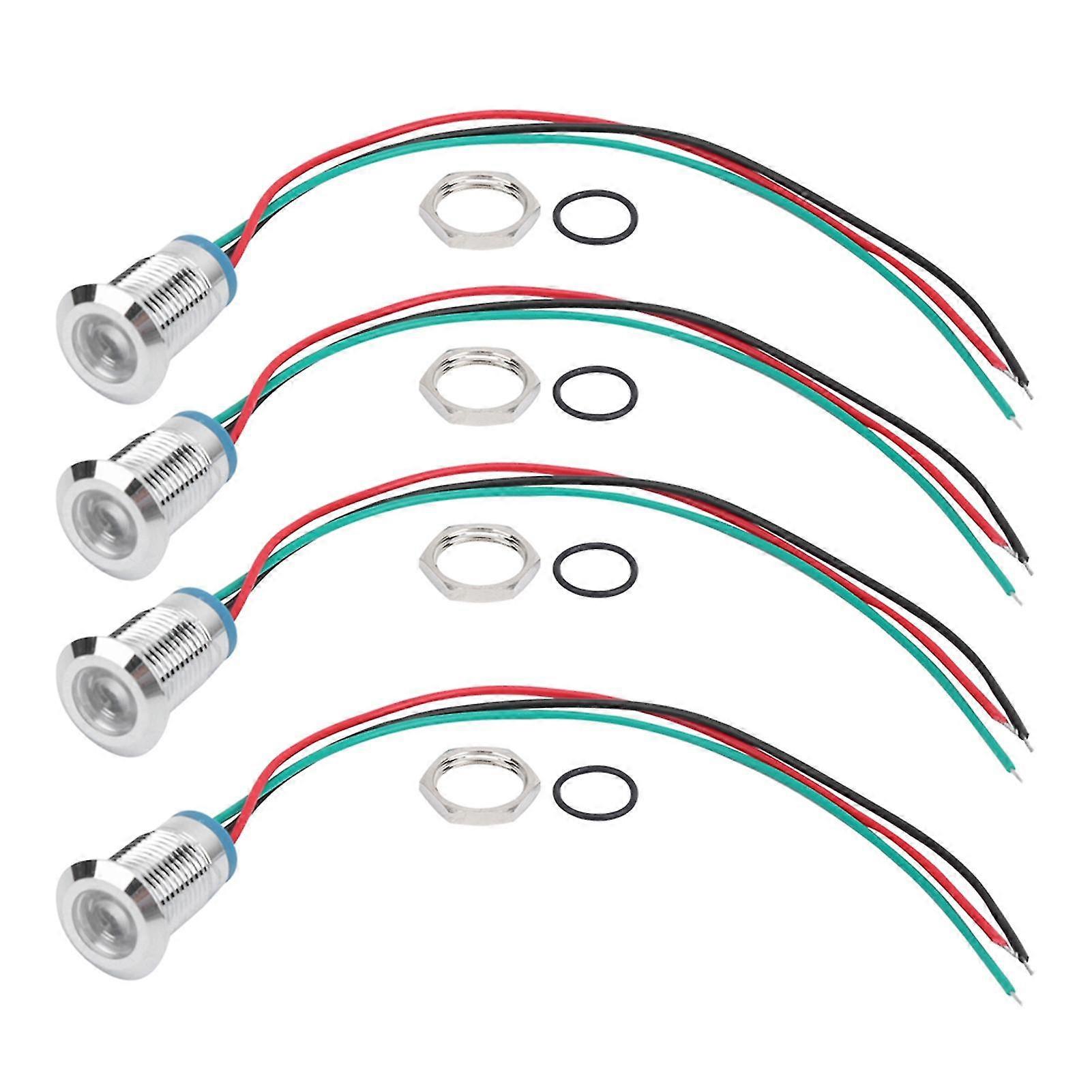4 Sets of Waterproof Metal Indicator LEDs, 12mm, Common Cathode, 2-Color (Red and Green)