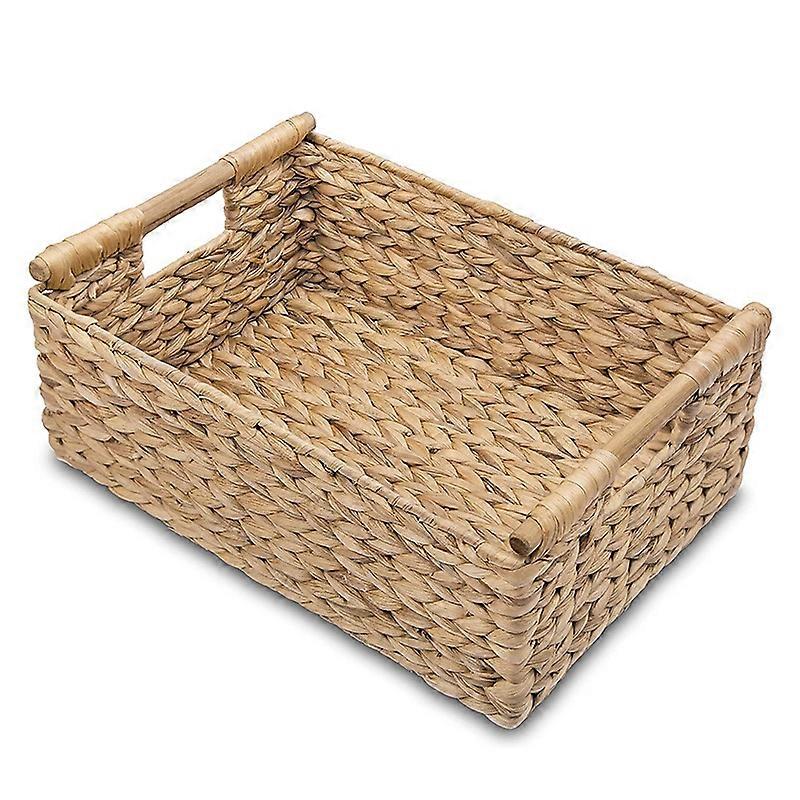 Wicker Basket Rectangular with Wooden Handles for Shelves,Water Hyacinth Basket Storage,Natural Bas
