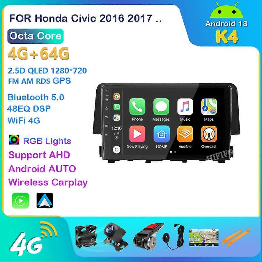 For HONDA CIVIC 2016 2017 2018 2019 9 Inch 2 Din Android 13 Car Radio Stereo WIFI GPS Navigation Multimedia Player Head Unit